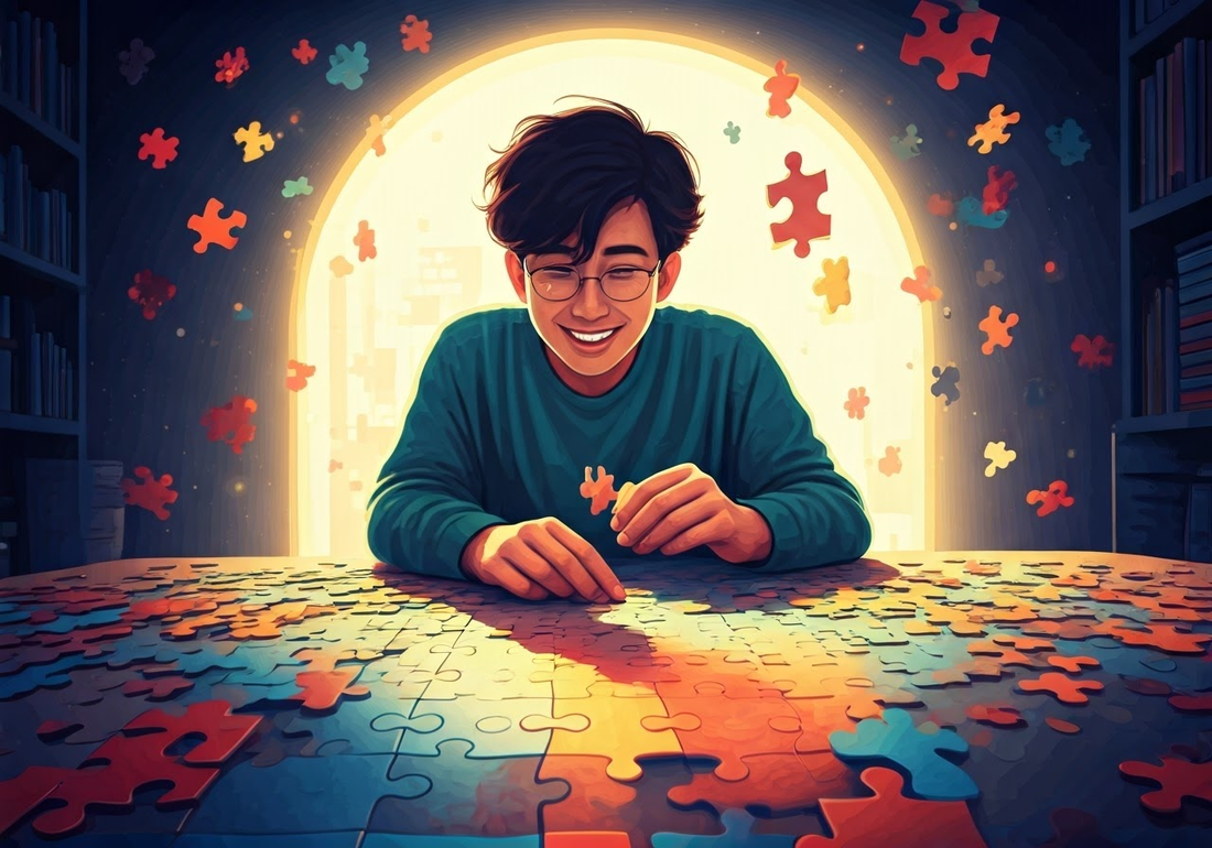 A boy with spectacles playing and solving jigsaw puzzle