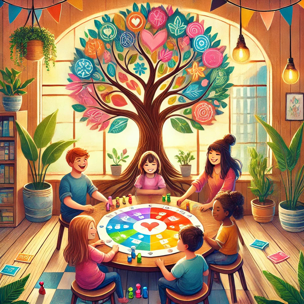 Family is sitting together and play board games under the tree in the room with kids